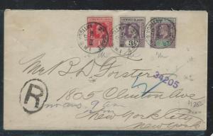 LEEWARD ISLANDS (P2906B) 1907 KE 1/2D+1D+3D REG ANTIGUA TO USA