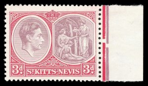 St Kitts-Nevis 1940 KGVI 3d brown-purple & carmine-red Chalk Paper MNH. SG 73a.