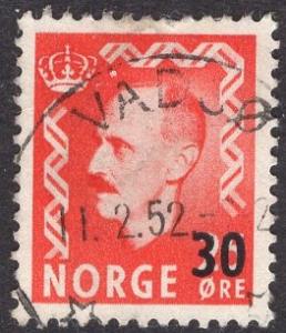 Norway   #321  1951 used surcharge  30 on 20ore  red