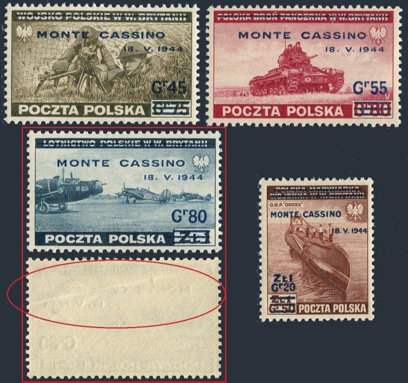 Poland 3K17-3K20,3K19 bent,MNH.Mi 376-379. WW II,1944.Capture of Monte Cassino.