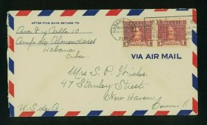 Cuba 1937 Airmail Cover Havana to New Haven, CT franked two Scott C25