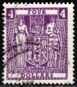 1967 New Zealand Revenue 4 Dollars  Coat of Arms General Stamp Duty Used