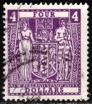 1967 New Zealand Revenue 4 Dollars  Coat of Arms General Stamp Duty Used