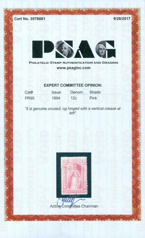 EDW1949SELL : USA 1894 Scott #PR95 Mint OG Fresh & Rare PSAG Cert. Cat $2,600.00