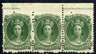 Nova Scotia 1863 QV 8.5c green marginal strip of 3 with p...