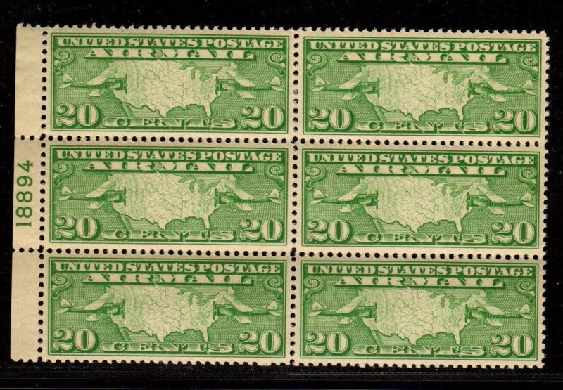 C9  U.S. Airmail Left Plate Block 6 Mint, o.g.,Never Hinged  