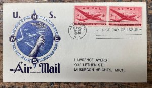 1946 First Day Cover, Scott #C32, 5c Airmail pair, with cachet