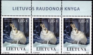 LITHUANIA 2024-02 FAUNA Animals Mammals Rodents: White Hare. Top STRIP of 3v MNH