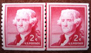 USA 1055a: 2c Jefferson, coil line pair, small holes, MNH, VF