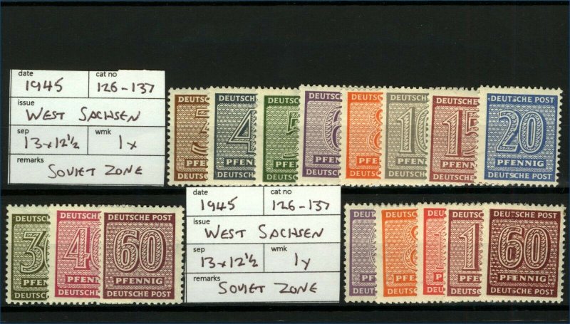 Germany 1946 Soviet Zone West Saxony Numerals wmk1y and wmk1x MiNr:126/37 Stamps