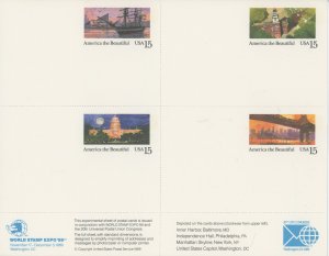 US UX142a 1989 America the Beautiful Postcard Sheet of 4.  Issued in sheets of 4 + 2 labels for 20th UPU and WSE '89.  S...