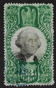 US. Scott R147. $3 Second Issue Revenue. Used. (gr147-1)