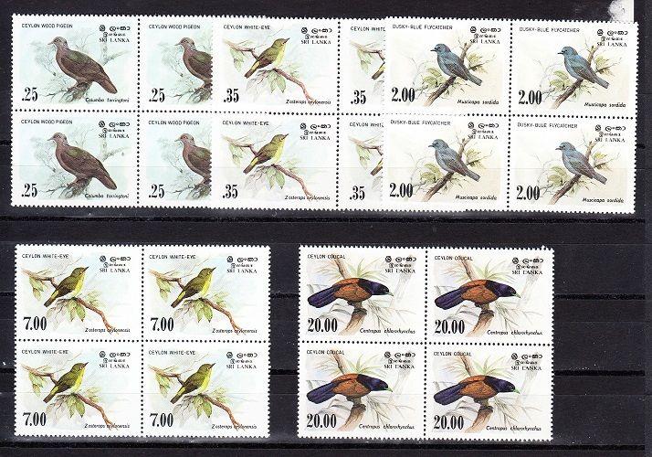 Sri Lanka Scott 691-694, 877 Mint NH blocks (Catalog Value $35.00)