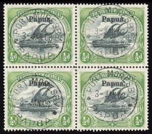 Papua 1906 Lakatoi ½d black & yellow-green block of four VFU. SG 21. Sc 11.