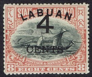 LABUAN 1899 4 CENTS OVERPRINTED DHOW 8C PERF 13.5 - 14