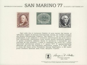 1977 San Marino '77 SC57 Souvenir Card SCCS: PS-26 with Sc U. S. #1 #2