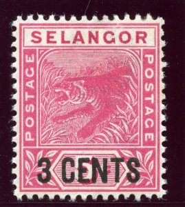 Malaya - Selangor 1894 'Tiger' 3c on 5c rose MNH. SG 53. Sc 28.