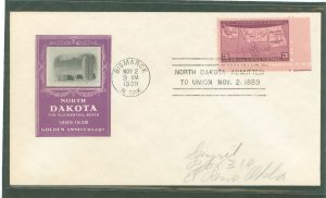 US  1939 3c Fiftieth anniversary of North Dakota statehood (single) on an addressed first day cover with an Ioor cachet.