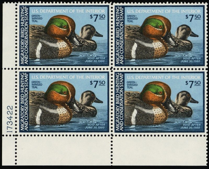 RW46, Mint NH XF $7.50 Federal Duck Stamp Plate Block Face Value $30