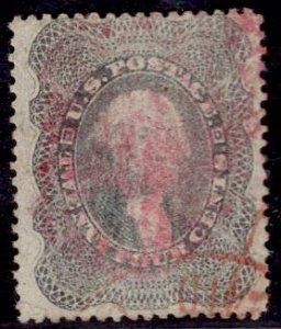 US Stamp #37a Gray 24c Washington USED SCV $375. Red Paid + Magenta Cancel