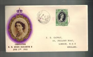 1953 Mauritius Coronation to England first day cover QE2 Queen Elizabeth II FDC