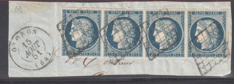 France #6 VF Used on paper -- Lovely horiz. Strip of four tied on piece