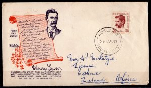 Australia 1949 Sc#222 HENRY LAWSON,POET,LITERATURE FDC COVER ADELAIDE TO ZULAND