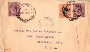 South Africa 2d (2) and 3d KGV 1916 Durban to Cleveland, Ohio.  Tape at botto...