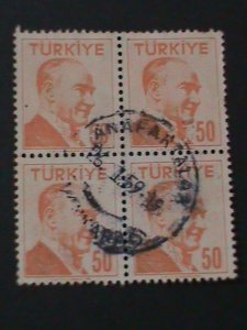 TURKEY-1956-SC#1239-KEMAL ATATURK BLOCK-FANCY CANCEL-VERY FINE 67 YEARS OLD