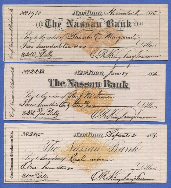 US 1875-76 Revenue Stamped Paper, RN-D1,F1,G1 on 3 checks NASSAU BANK, NYC