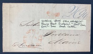 1845 USA Letter Stampless Maritime Mail Cover To Portland ME Fancy Boat Pictoria