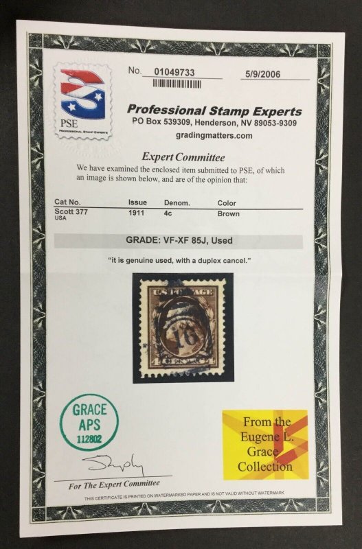 MOMEN: US STAMPS #377 USED PSE GRADED CERT VF/XF-85J LOT #89170