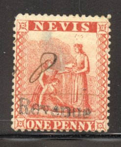 Nevis Scott 14Ab (SG F1) Used H - 1882 1p Medicinal Spring Fiscal Overprint