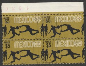 MEXICO C331, $5P Soccer 3rd Pre-Olympic Set 1967. USED BLOCK OF 4. VF. (542)