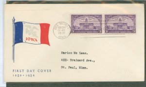 US 838 1938 3c Iowa Territory Centennial (pair) on an addressed (typed) FDC with a Fedelity cachet