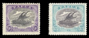 Papua New Guinea #92-93 Cat$24+ (for hinged), 1932 9p, lightly hinged, and 1s...