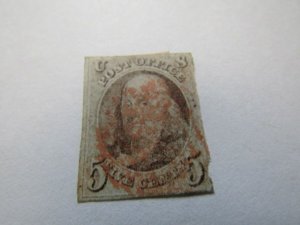 US Stamps, Scott #1 Used, 2 margins,Orange-Red cancel (CV $350.00+) APS Certifi