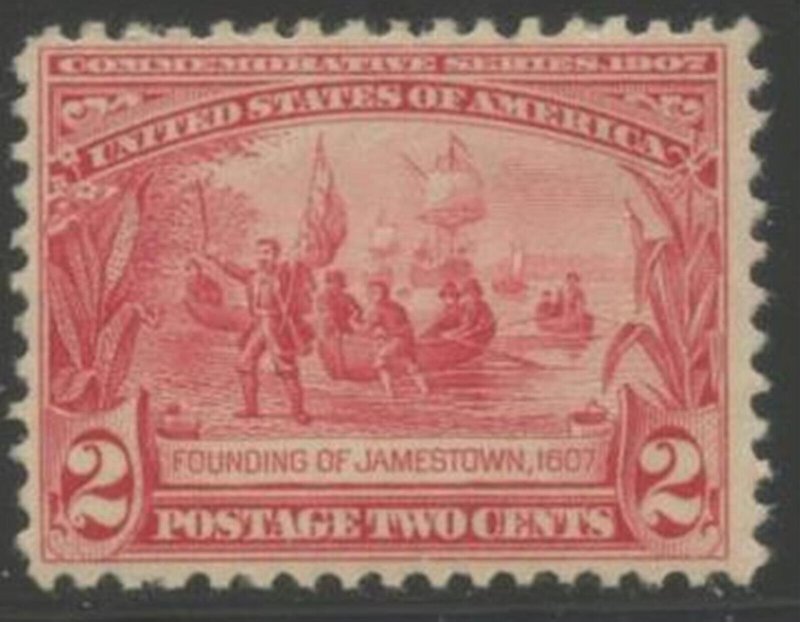 US Sc#329 1907 2c Jamestown VF Centered with Four Good Margins OG Mint LH