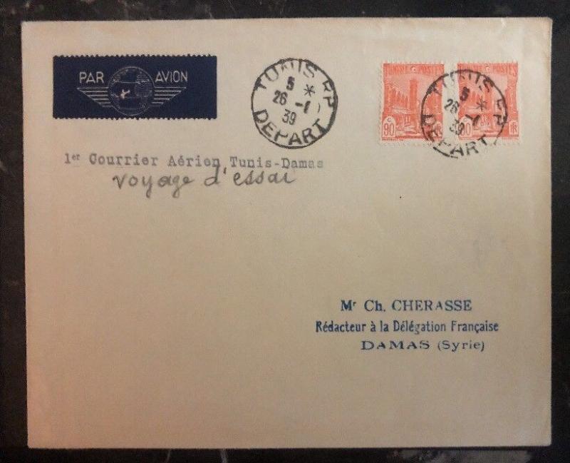 1939 Tunis Tunisia First Flight cover FFC To Damascus 