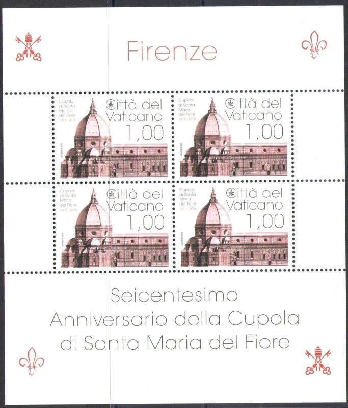 2018 Vatican, Sheetlet 600° Anniversary Dome Di Santa Maria Del Fiore