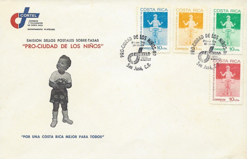 COSTA RICA BOY on SWING, PRO-CIUDAD de los NIÑOS,Sc RA85-RA88 FDC 1980