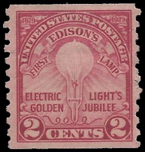 #656 2c Edison's First Lamp Coil Single 1929 Mint H Fault