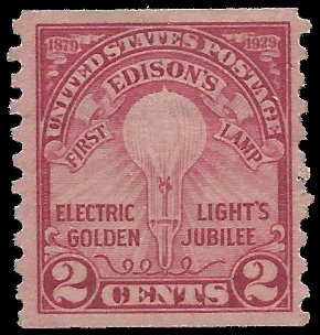 #656 2c Edison's First Lamp Coil Single 1929 Mint H Fault