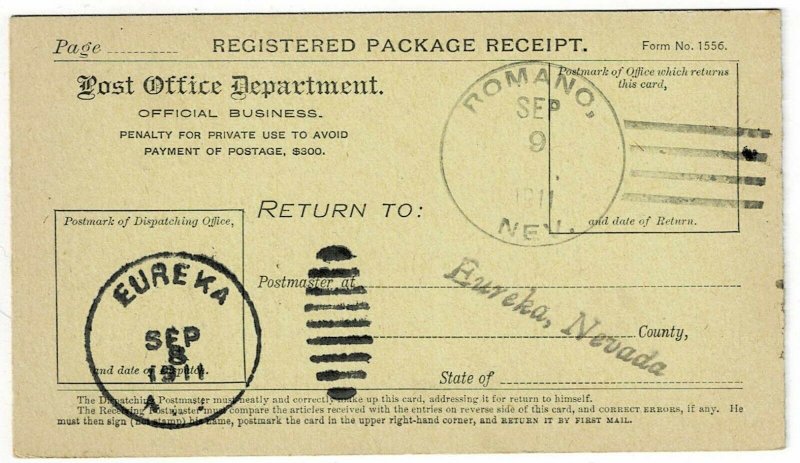 1911 Romano, NV (DPO) cancel on registered package receipt card