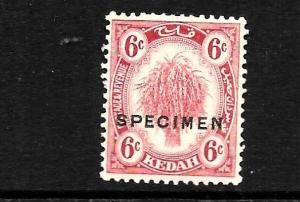 KEDAH  1922-40  6c  RICE  MH   SPECIMEN   SG565