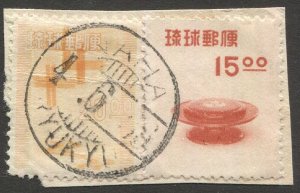 RYUKYUS JAPAN 1955 Sc 32,33 used on piece, NAHA cancel