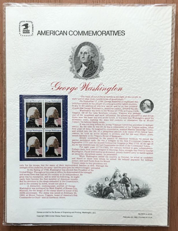 US CP159 Commemorative Panel Block of 4 #1952 George Washington SCV $11.00 L34