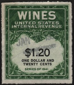 RE146 $1.20 Wine Revenue Stamp (1942) Used