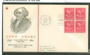 US 806 1938 2c John Adams (presidential/prexy series) block of four on an addressed first day cover with a Linprint cachet.