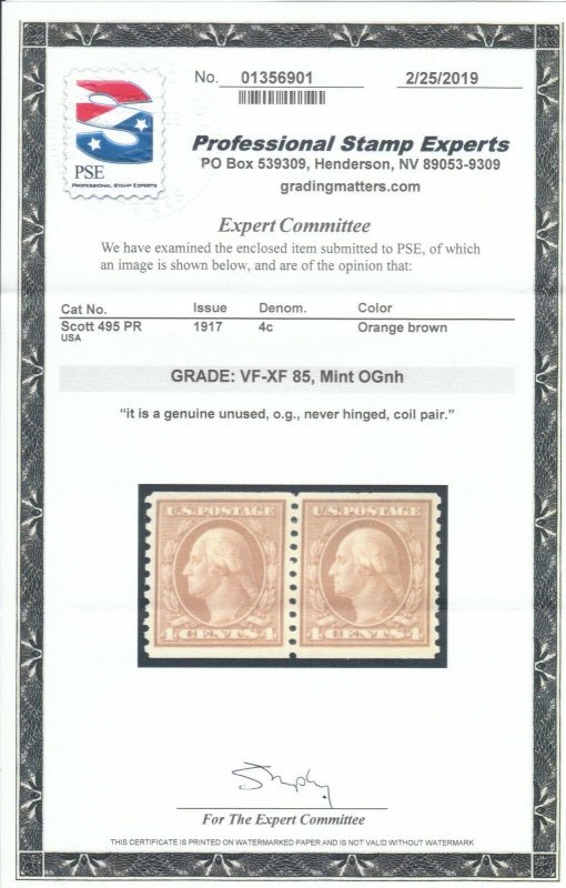 MOstamps - US #495 Mint OG NH Pair Grade 85 with PSE cert-Lot # MO-1167 SMQ $65 